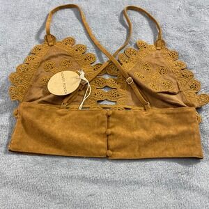 NWT Honey Punch Suede Lace Trim Cropped Halter Top Tan Medium